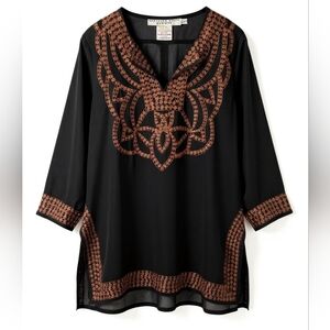 Gretchen Scott Sheer Black 3/4 Sleeve W/ Brown Embroidered Tunic Blouse Sz XL